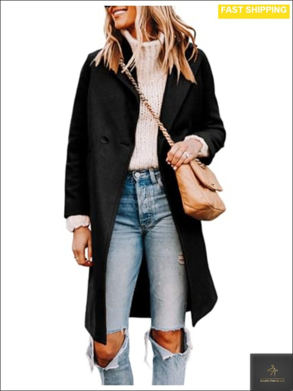 Wool Blend Pea Coat Long Sleeve Notch Collar Knee Length